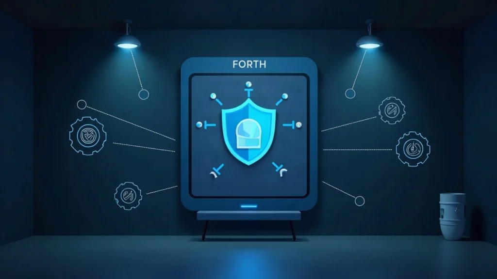 Editorial image showing Forth privacy-first AI gateway connecting multiple models, shield icon and RENDER token.