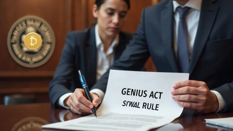Official signs document labeled GENIUS Act, OCC seal visible, digital stablecoin icon in a formal regulatory office.