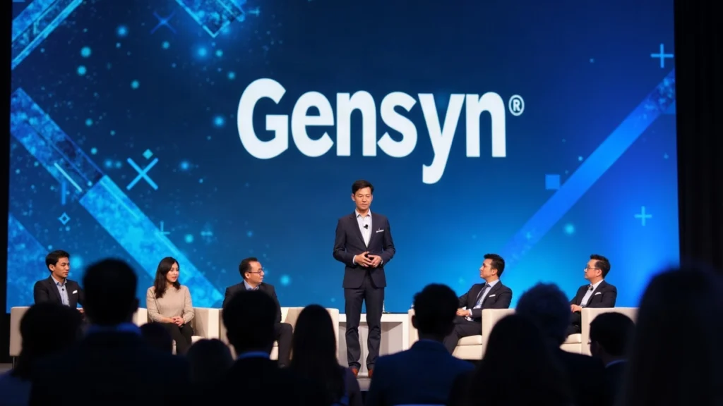 Editorial photo of Gensyn CEO on stage at Korea Blockchain Week, center panel on AI training and decentralized compute.