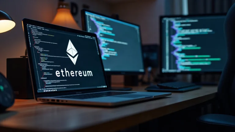Editorial desk with laptop displaying Ethereum logo, a paused clock, and code on a monitor in a newsroom setting.