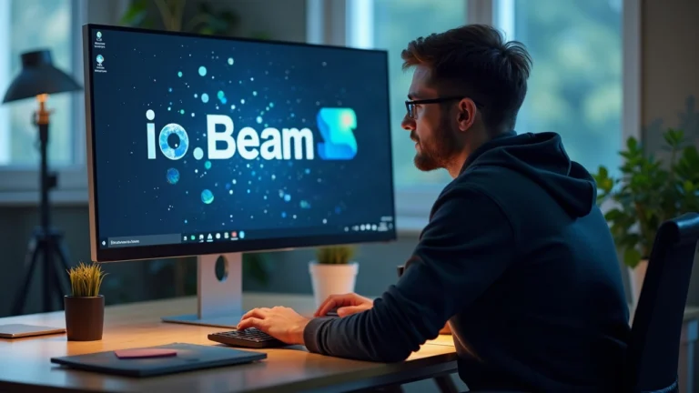 Editorial portrait of a developer at a clean desk with a monitor displaying Reflection Beam 1.0 and io.net branding.