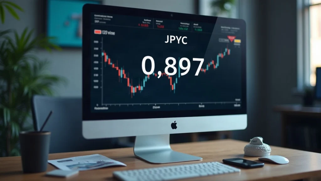 Editorial newsroom desk with monitor displaying JPYC at 0.9897, yen symbol, and a subtle peg breach indicator.