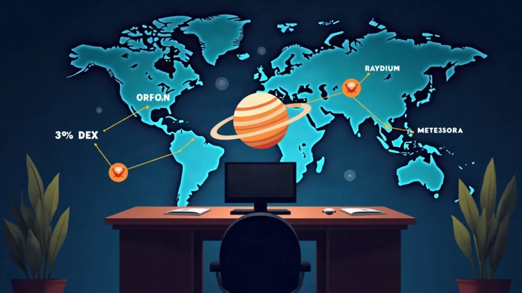 Editorial image of Jupiter hub on a desk with a Solana map and lines to Raydium, Orca and Meteora.