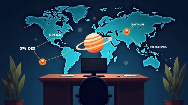 Editorial image of Jupiter hub on a desk with a Solana map and lines to Raydium, Orca and Meteora.