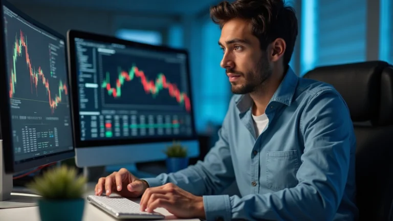 Editorial portrait of a trader at a clean desk, comparing Meteora DLMM and Raydium AMM with Solana logo and 24h volume chart