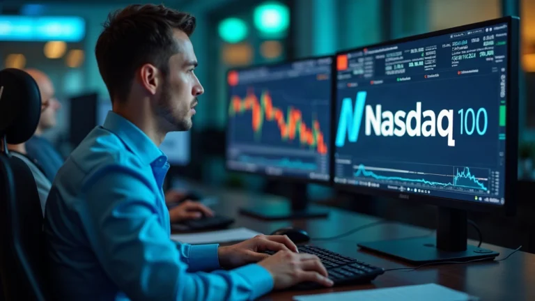 Center-focused newsroom professional with a screen showing Nasdaq-100, Stellar logo, and on-chain fund cues.