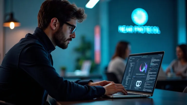 Developer coding an AI agent on a laptop, NEAR Protocol logo visible, newsroom backdrop, 250k prize banner.