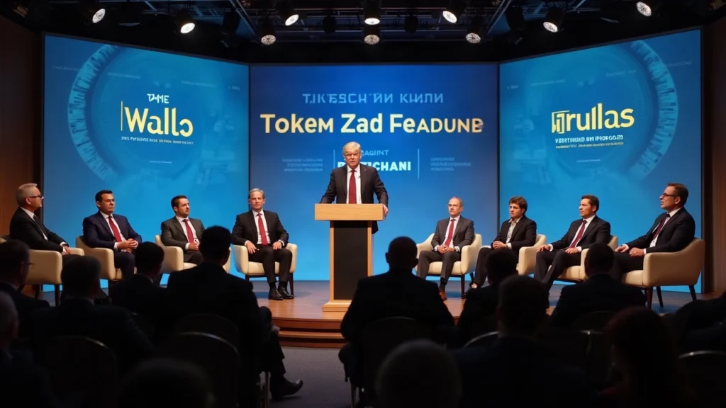 Editorial shot in a New York conference hall: a speaker at a podium with Wall Street leaders behind; screen shows tokenized assets.