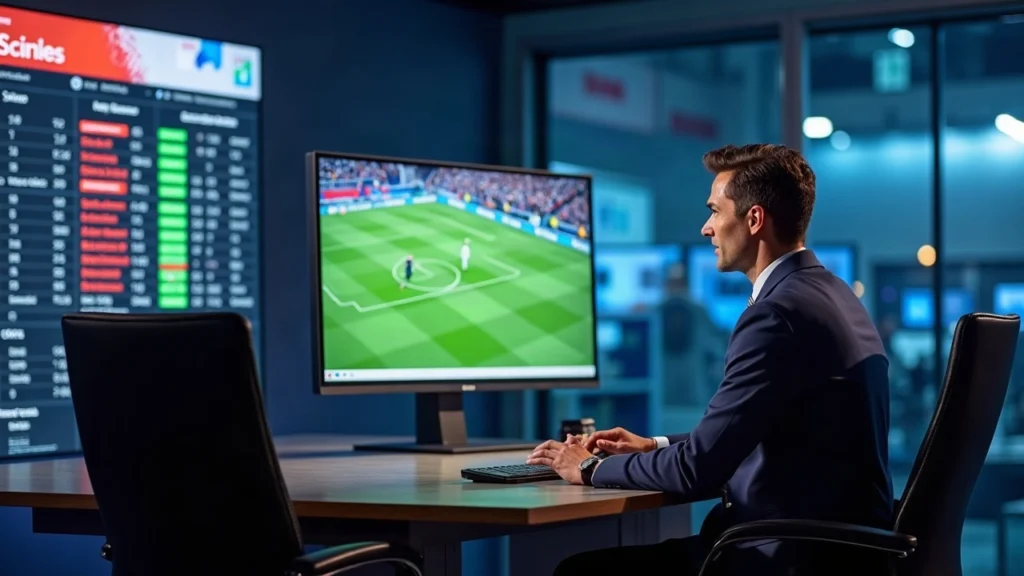 Editorial newsroom scene: reporter at desk with screens showing a football match and tokenized stocks.