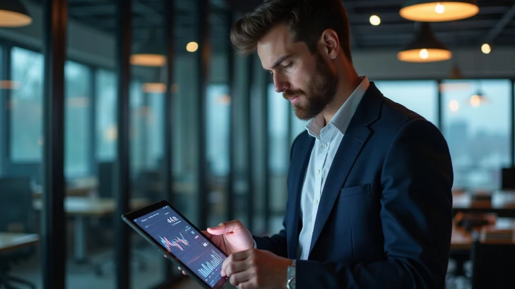 Editorial portrait of a financial analyst in a modern office, reviewing a tablet showing 4B TVL and tokenized stocks and ETFs.