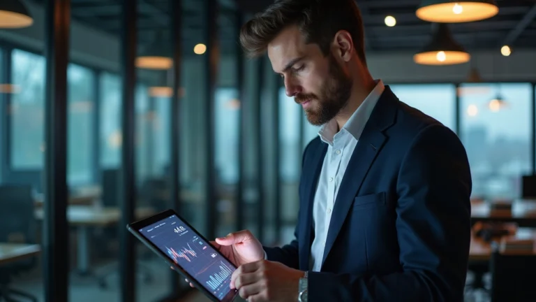 Editorial portrait of a financial analyst in a modern office, reviewing a tablet showing 4B TVL and tokenized stocks and ETFs.
