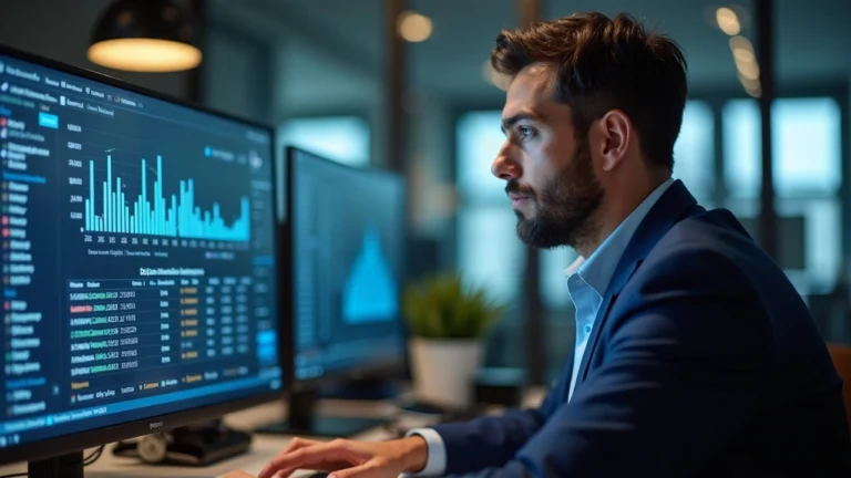 Executive in a modern office reviewing a screen showing tokenized pre-IPO notes and on-chain private market exposure.