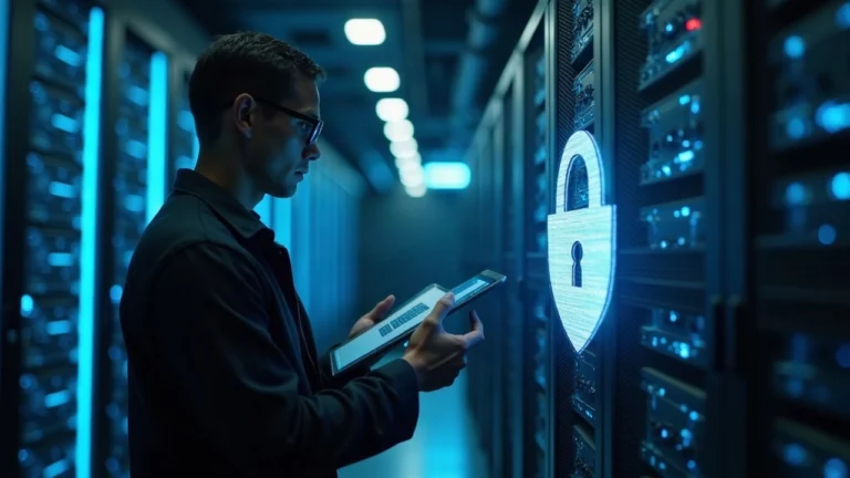 Security analyst applying PHP emergency patches in a data center; blurred servers, a shield, and Web3 icon signaling off-chain security.