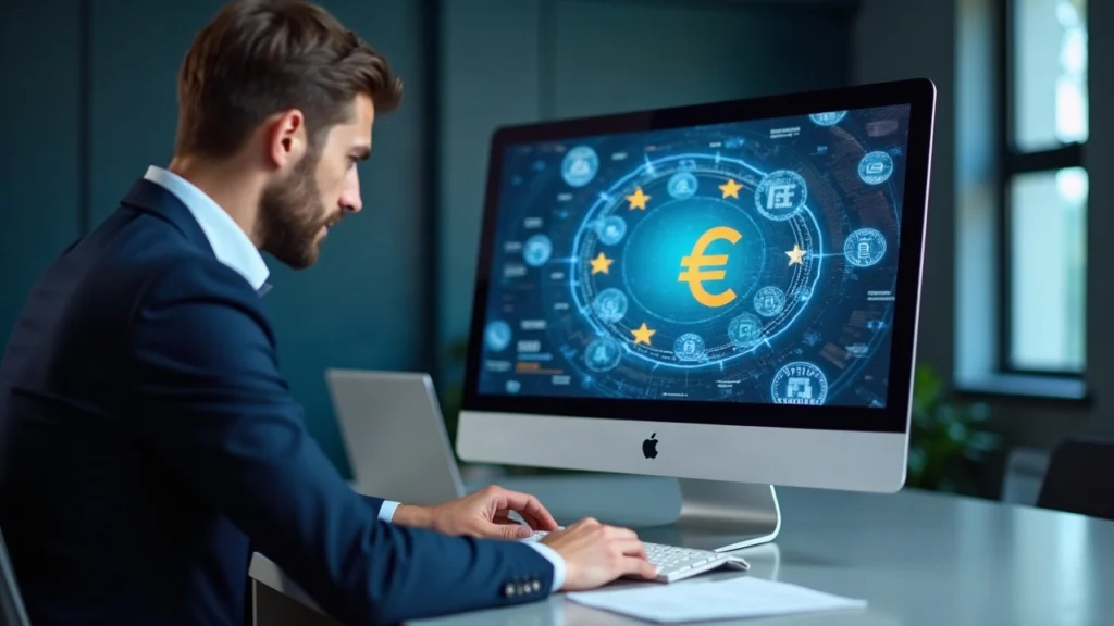 Financial professional at a clean desk with tokenized securities icons and a euro symbol, Pontes settlement.