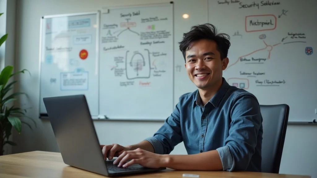 Editorial portrait of a crypto engineer at a clean desk, laptop displaying Falcon notes, whiteboard labeled Security Debt.