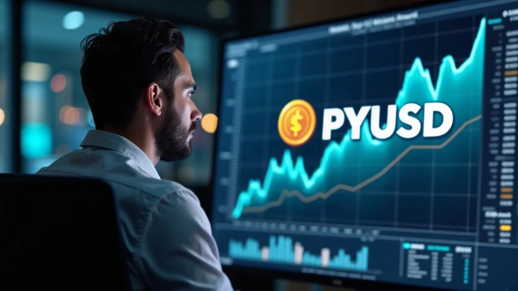 Editorial portrait of a financial analyst in a newsroom examining a screen with PYUSD and Aave logos and a rising APY chart.