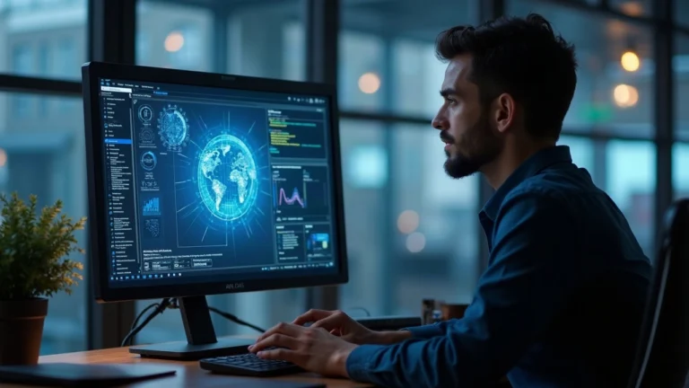 Professional analyst at a desk viewing a monitor displaying a privacy-first AI gateway and the RNP-024 voting screen.