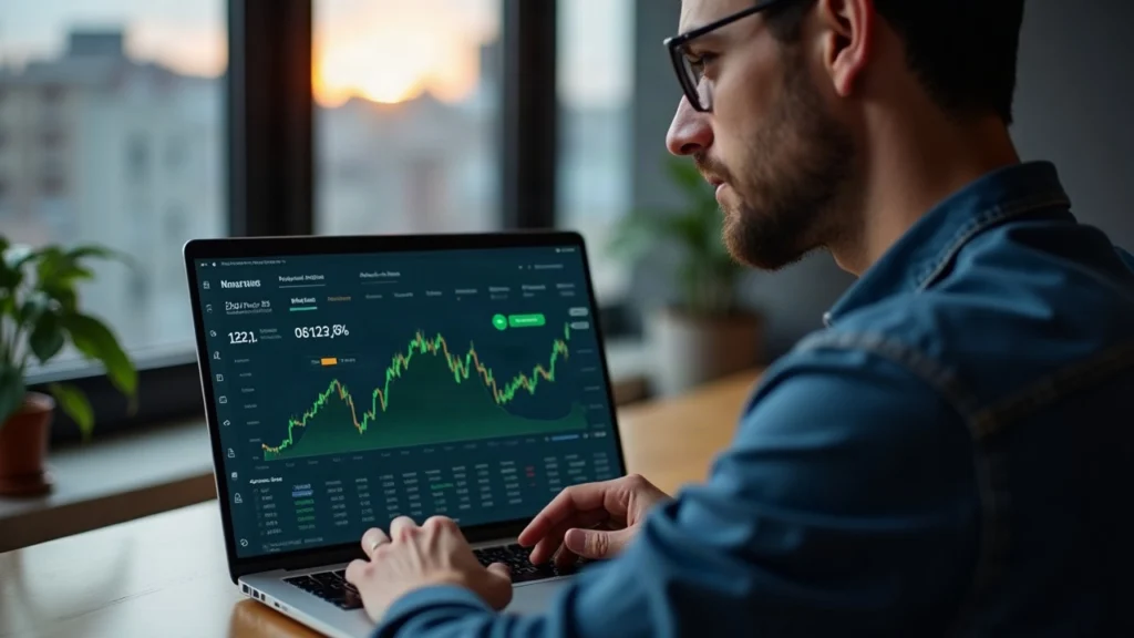Crypto analyst monitors Robinhood Chain DEX trading UI on laptop amid 24h volume surge.