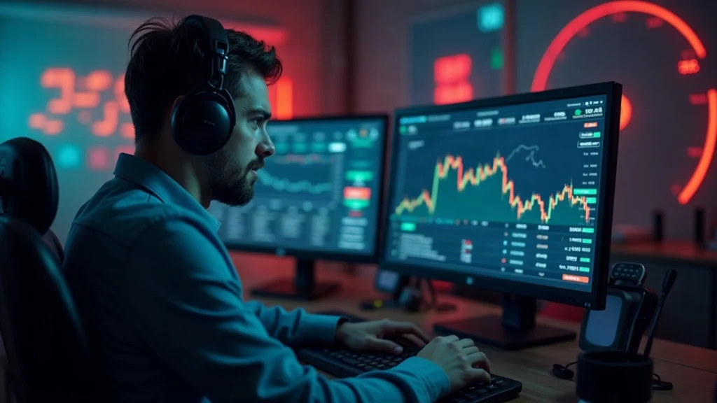 Focused trader at a desk with a monitor displaying Robinhood Chain metrics, NFT icons, and a subtle OpenSea banner.