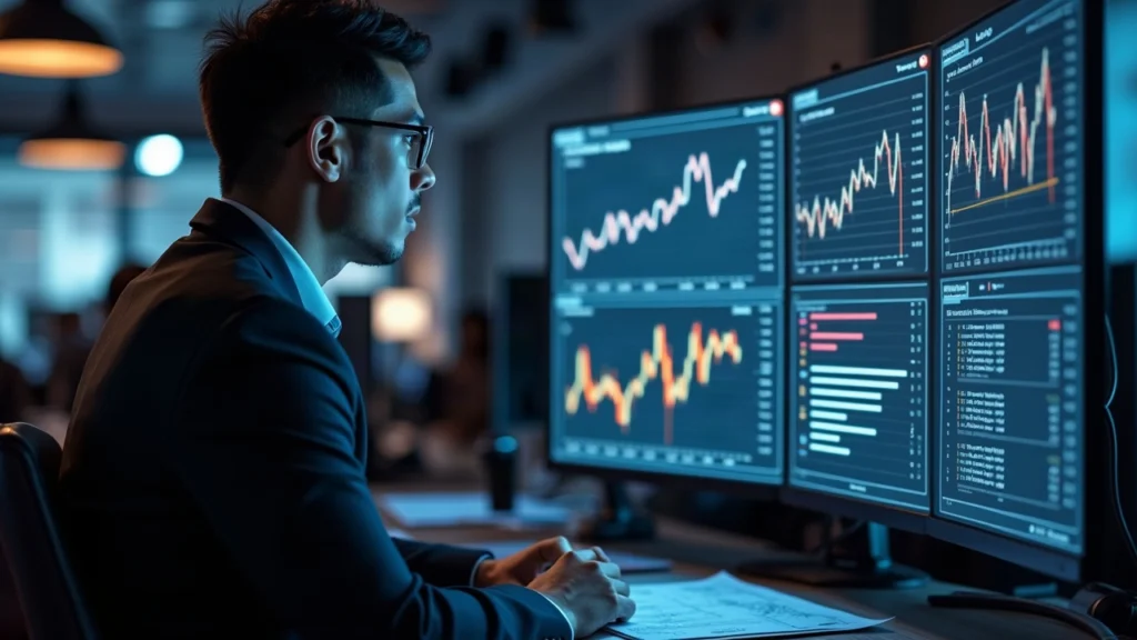 Journalist in a newsroom reviewing a display with Ronin Network logo, NFT icons, and crypto charts.