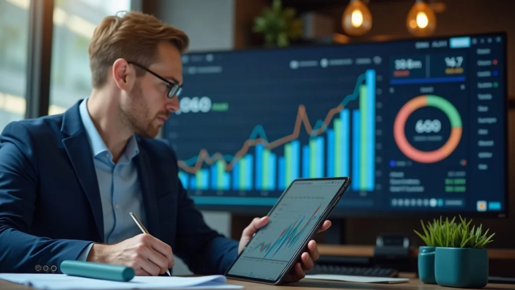 Newsroom portrait of a financial analyst at a desk, tablet shows rising RWA AUM chart with tokenized asset icons.