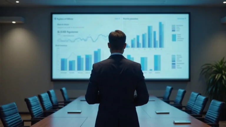 Finance professional in a conference room, screen shows Stellar network and tokenized asset issuance workflow.