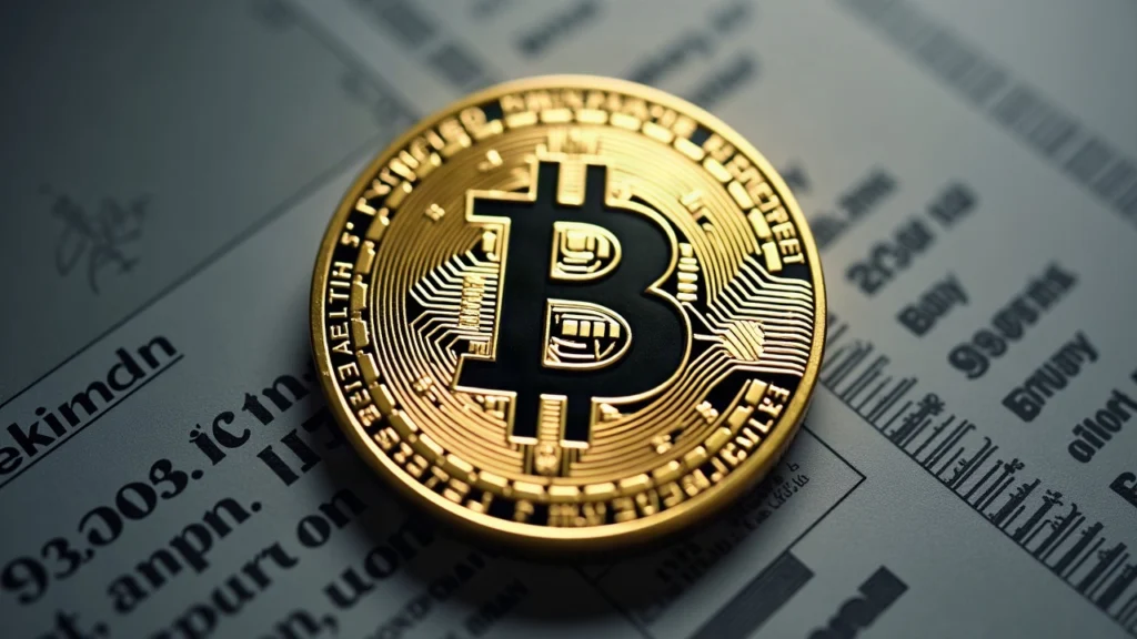 Editorial image showing a Bitcoin coin with a shield overlay and subtle Ordinals inscriptions against a neutral newsroom backdrop.