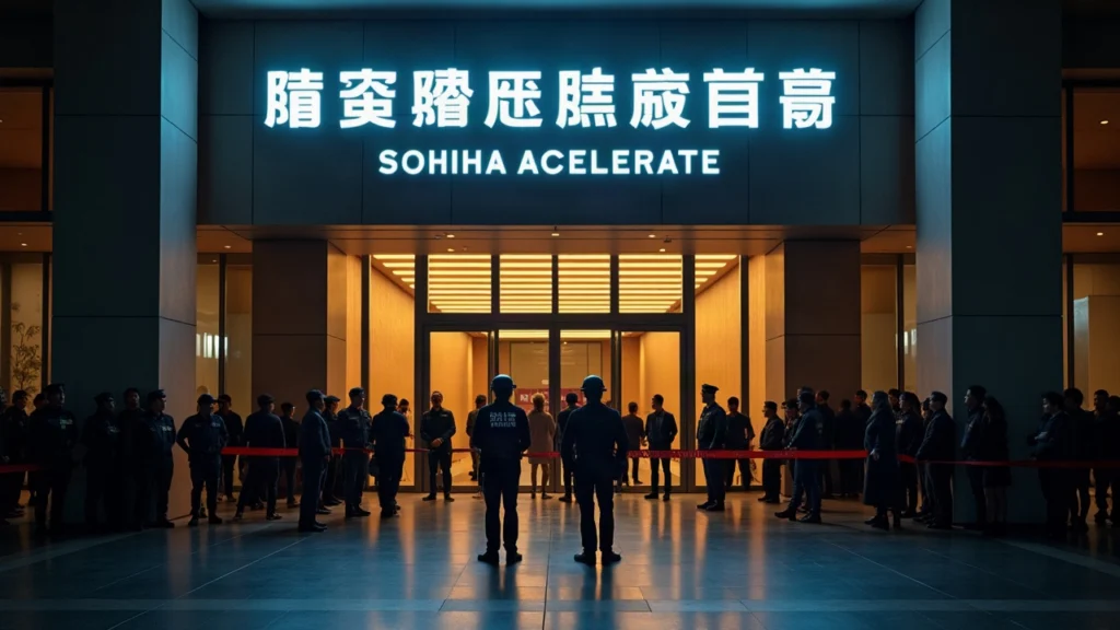 Shanghai venue for Solana Accelerate with police at the entrance and attendees waiting behind a cordon.