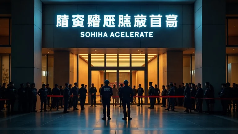 Shanghai venue for Solana Accelerate with police at the entrance and attendees waiting behind a cordon.