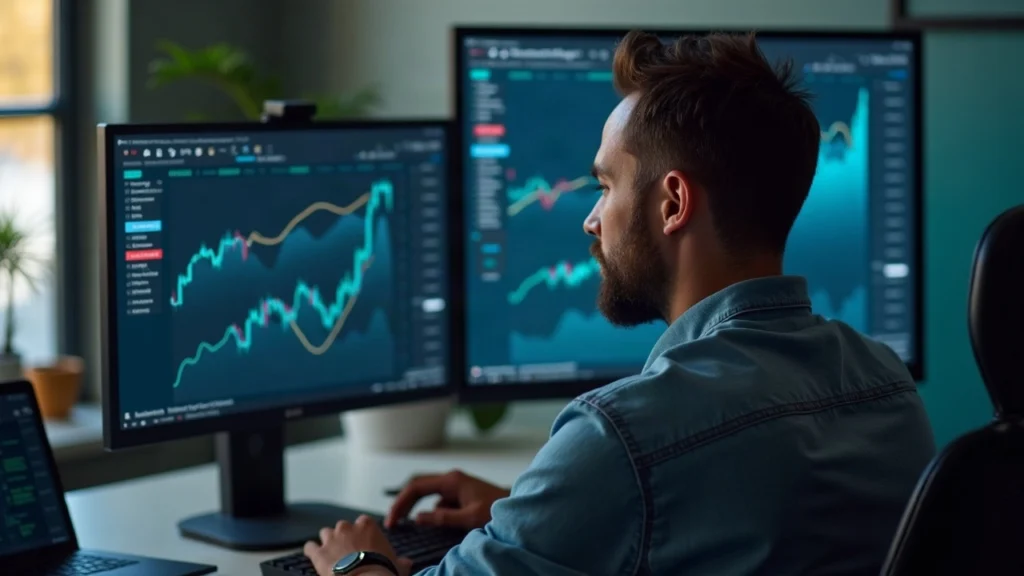 Fintech analyst at a tidy desk watches a screen showing Uniswap V4 hook on Robinhood Chain with LP incentives.