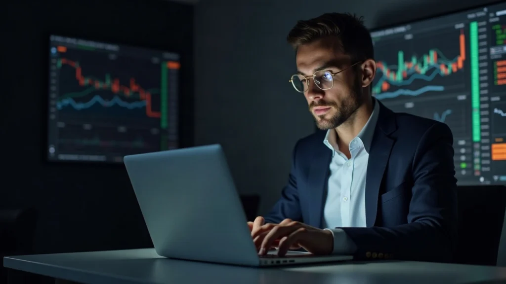Suit-clad investor reviews a laptop displaying a Stornks NFT market dashboard with a rising price chart.