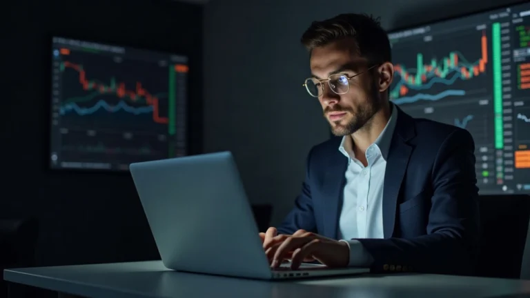 Suit-clad investor reviews a laptop displaying a Stornks NFT market dashboard with a rising price chart.