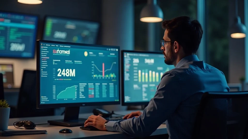 Data analyst at a desk viewing a dashboard of 248M active Sui accounts with Sui logo in newsroom lighting.