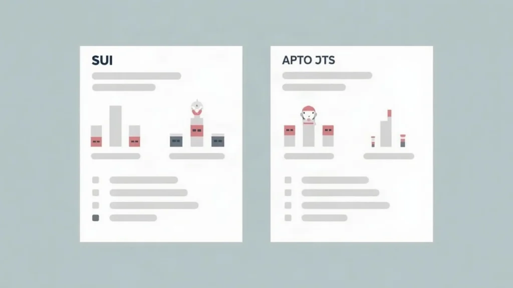 Editorial photo: two panels labeled Sui and Aptos, objects-as-blocks vs accounts, neutral newsroom style.