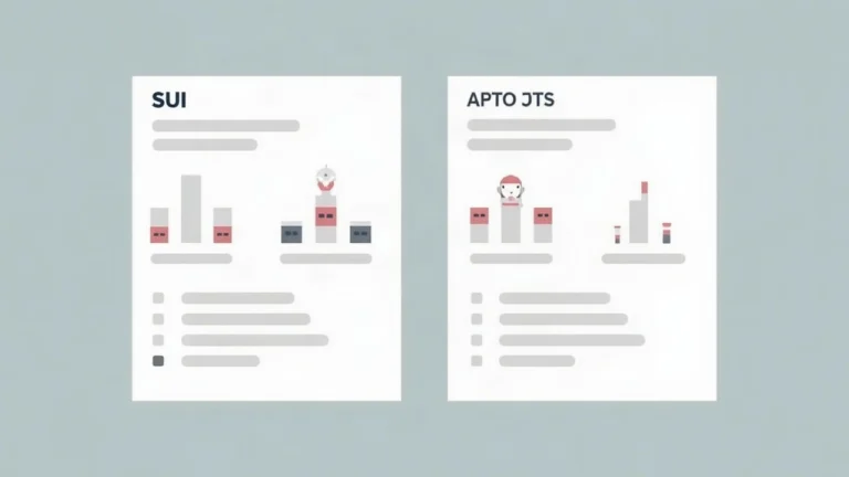 Editorial photo: two panels labeled Sui and Aptos, objects-as-blocks vs accounts, neutral newsroom style.