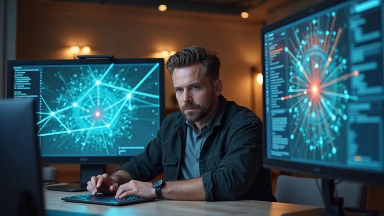 Centered editorial shot of a Tezos artist presenting digital art with a blockchain network overlay and royalty flow lines
