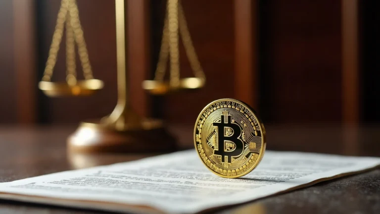 Thai Supreme Court courtroom with a Bitcoin coin on property documents and scales of justice.