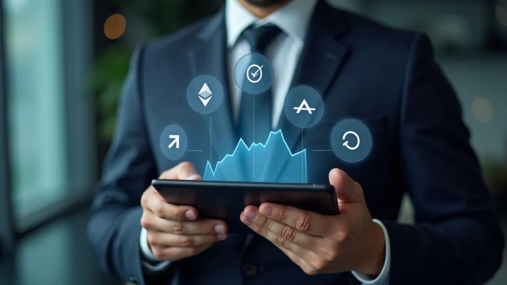 Professional newsroom portrait of a suited analyst reviewing tokenized fixed-income data on a tablet with multi-chain icons.