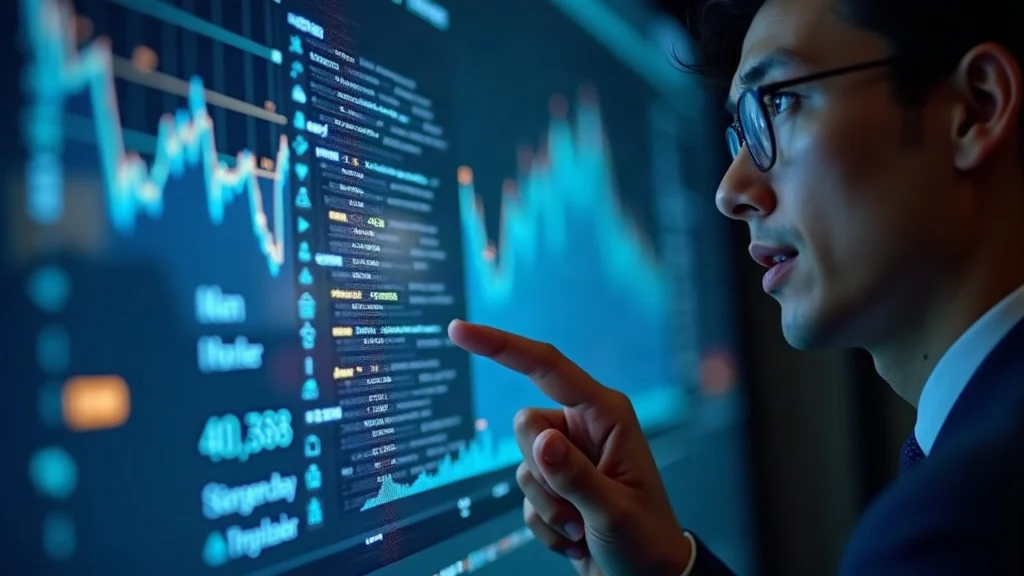 Executive reviews tokenized funds tied to a yen stablecoin on a large display with blockchain imagery