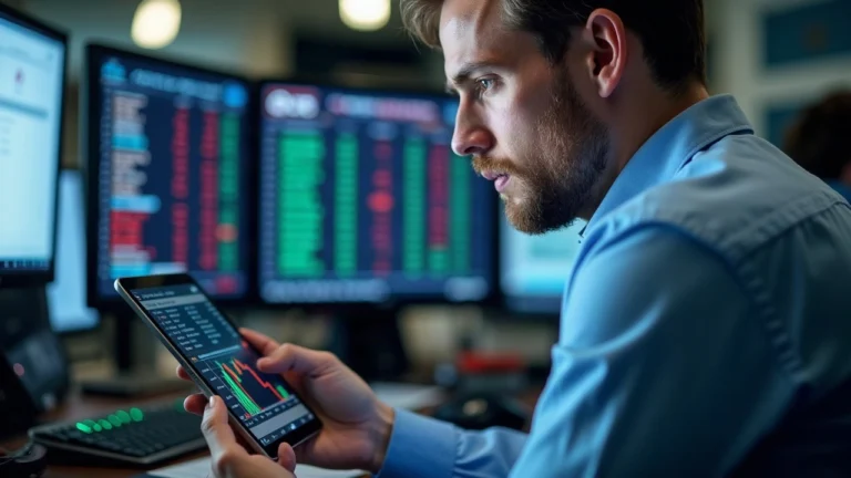 Professional trader reviews a tablet displaying tokenized NYSE tickers, with OKX and ICE branding in a newsroom.