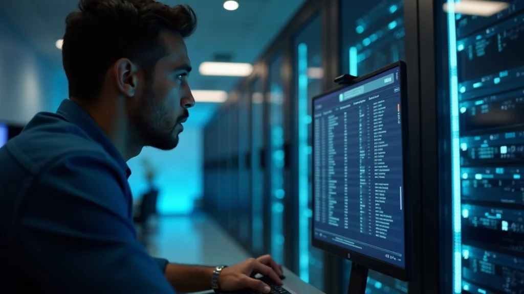 Professional TRON node operator at a data center monitoring GreatVoyage v4.8.2.3 upgrade progress on a screen