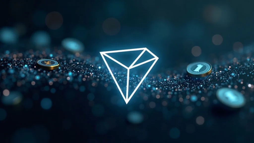 TRON logo with a flowing stream of dollar-stablecoins through a ledger, hinting at 18M users and 1.1B transactions.