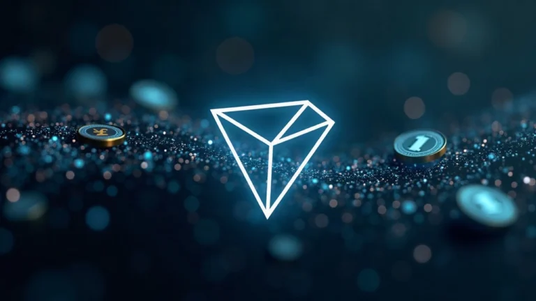 TRON logo with a flowing stream of dollar-stablecoins through a ledger, hinting at 18M users and 1.1B transactions.