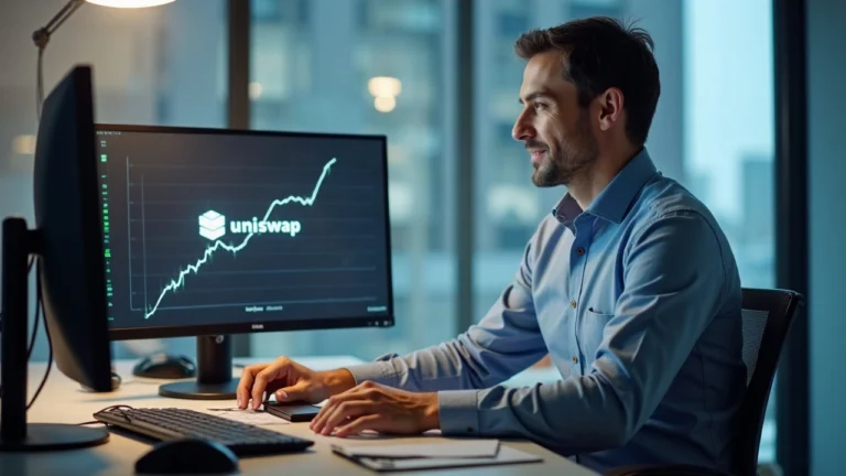 Editorial portrait at a desk; monitor shows Uniswap logo and an upward cue, symbolizing stablecoin TVL growth.