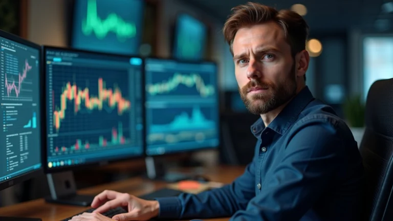 Editorial portrait of a crypto analyst at a newsroom desk, monitor shows hook logic and Robinhood Chain motif
