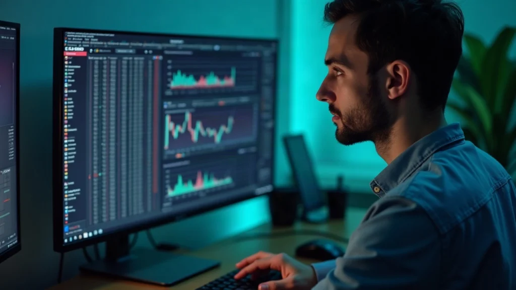 Finance analyst examining a monitor showing a blockchain diagram of Uniswap v4 hooks on the Robinhood Chain