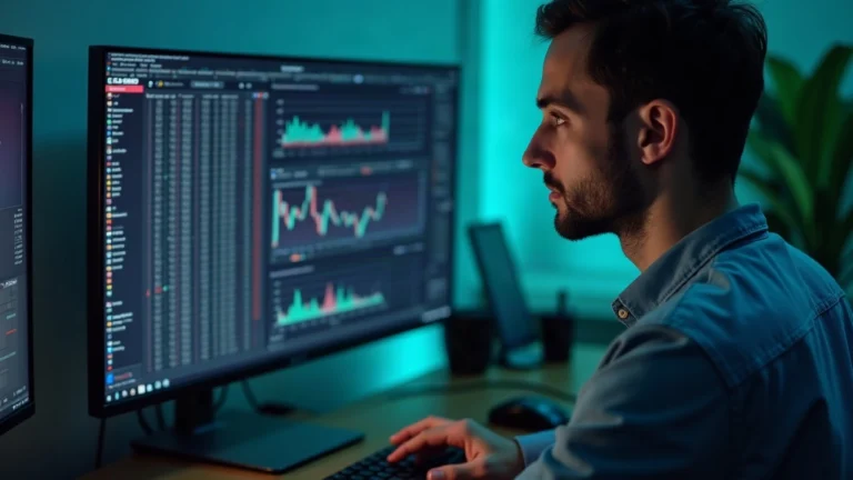 Finance analyst examining a monitor showing a blockchain diagram of Uniswap v4 hooks on the Robinhood Chain