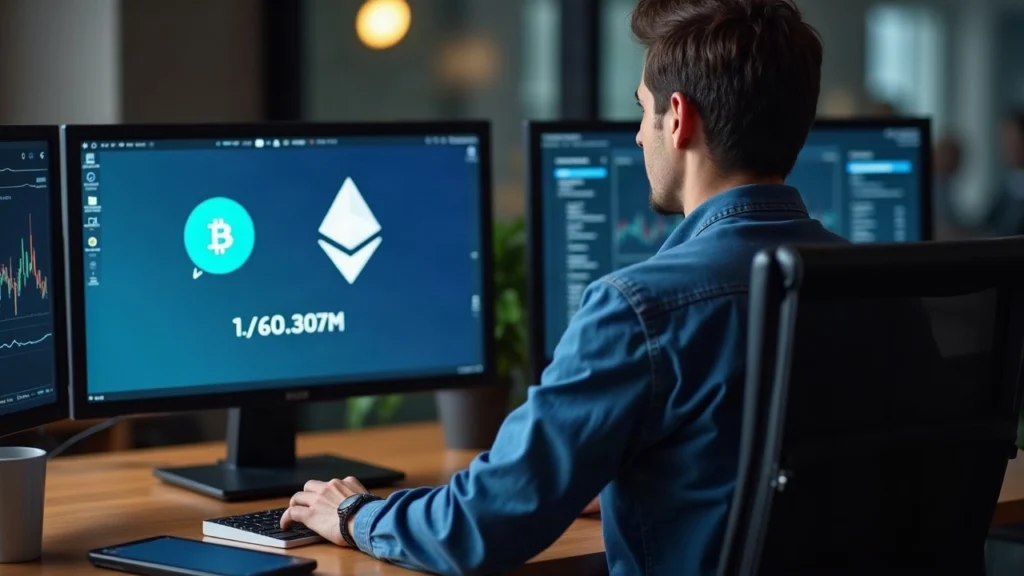 Editorial portrait of a financial analyst at a desk, monitor shows Ethereum and USDC, mint from zero address to wallet.
