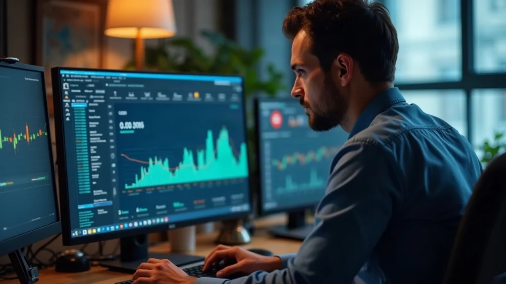 Editorial portrait of a finance professional at a desk; monitor shows USDC mint-burn flow with blockchain logos.