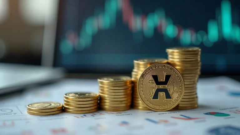 Editorial shot of a centered XRP coin with a rising row of XRP coins behind it on a neutral newsroom backdrop.